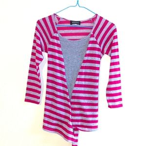 Girls Long Sleeve Shirt - Size Medium (10-12). Pink and Silver Stripes.